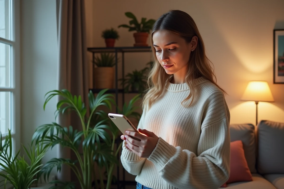 Jeune femme utilisant son smartphone avec site QEFHUILWAZ