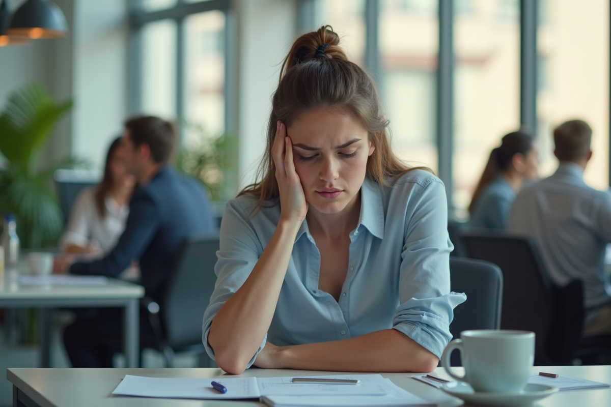Jeune femme stressée au bureau moderne en open space
