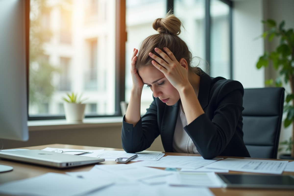 Femme d'affaires stressée au bureau avec papiers dispersés