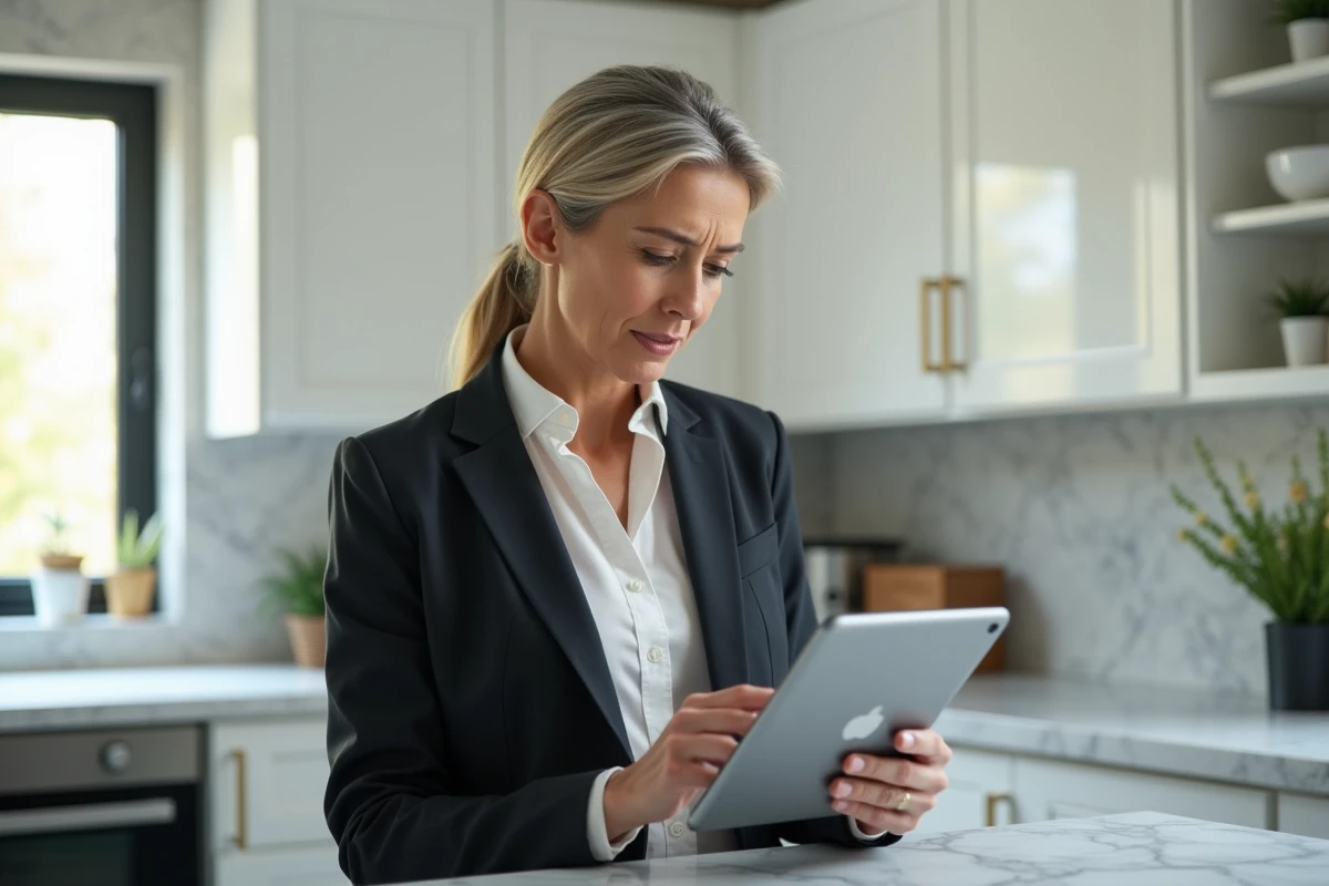 Femme consultant une tablette avec un problème d'accès à son espace compte extranet depuis chez elle