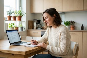 Femme assise à la cuisine avec ordinateur et notes