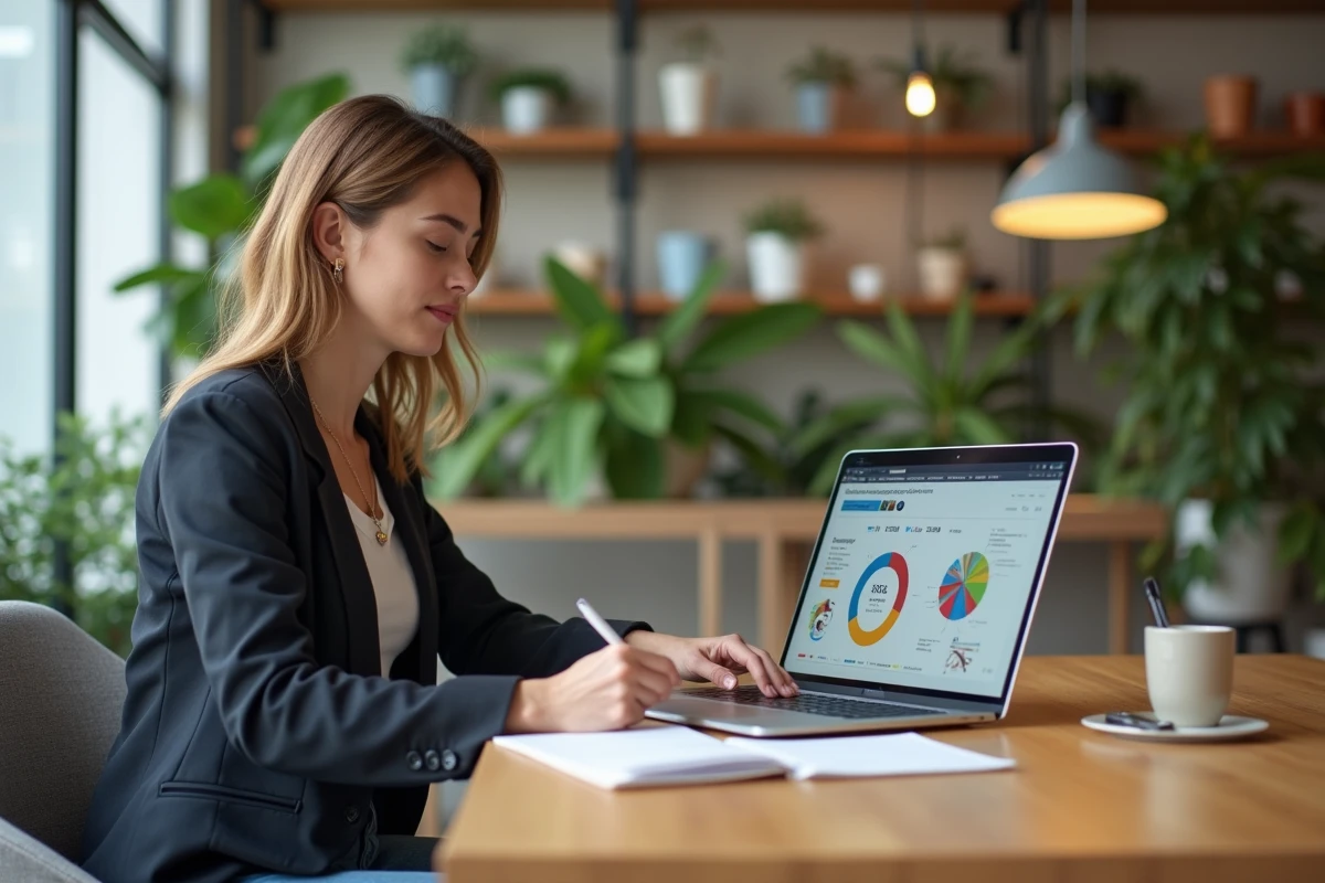 Jeune femme fran&ccedil;aise travaillant sur un infographique dans un espace coworking