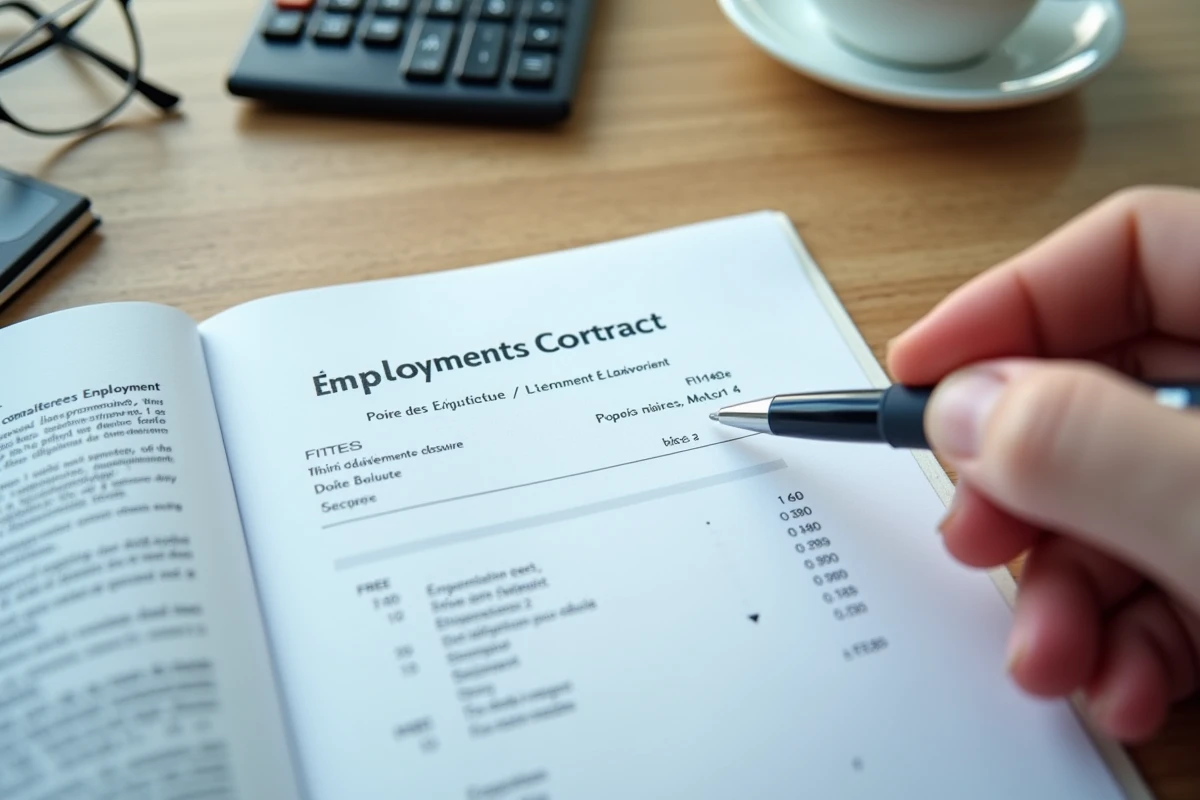 Fiche de paie et contrat de travail pos&eacute;s sur un bureau avec une main pointant les montants nets, illustrant le calcul du salaire mensuel net en ESAT