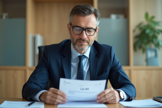 Homme civil servant lisant un document officiel loi 14