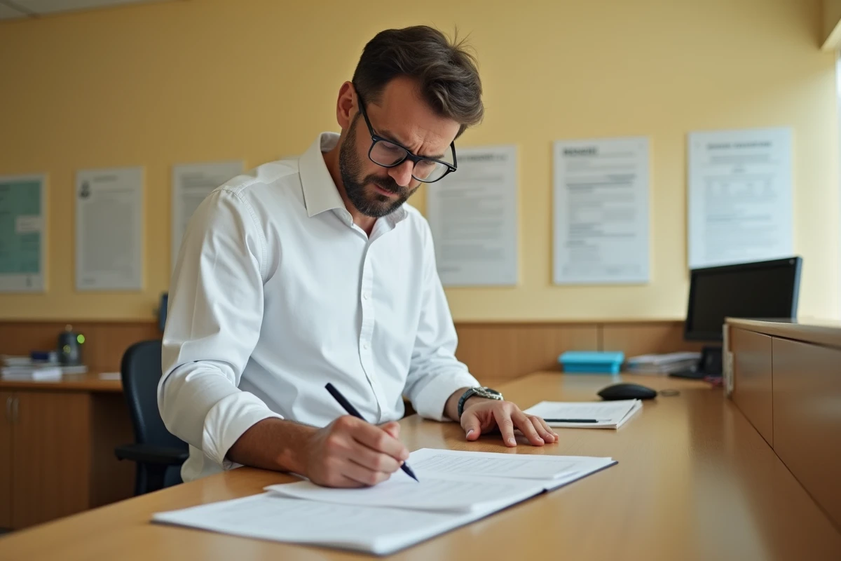 Homme remplissant un formulaire administratif de rupture de contrat dans une administration publique