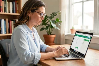 Femme remplissant un formulaire de contact service client sur un ordinateur portable dans un bureau à domicile
