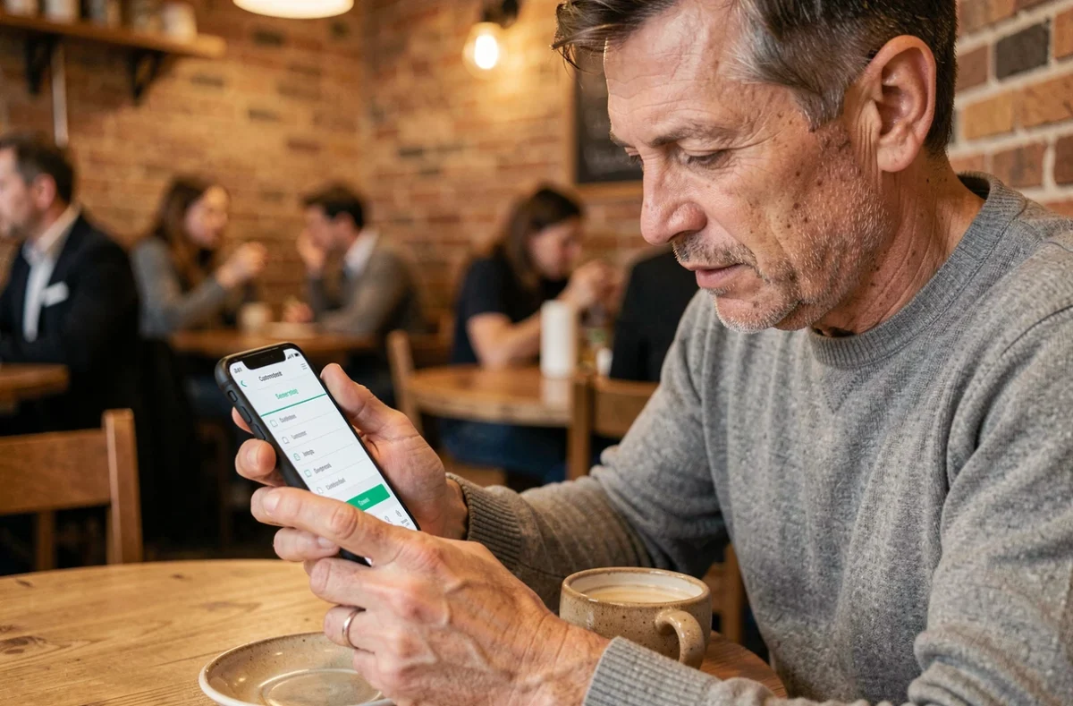 Homme consultant un formulaire de contact service client sur smartphone dans un café