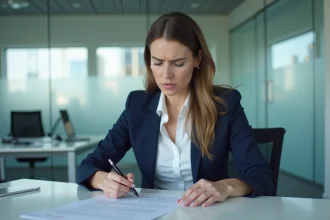 Responsable RH examinant un formulaire de rupture de contrat d'apprentissage à son bureau en entreprise