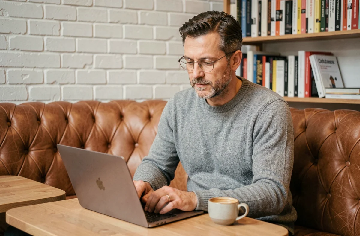 Freelance concentré travaillant dans un espace lounge confortable d'un coworking à Genève avec décoration boutique