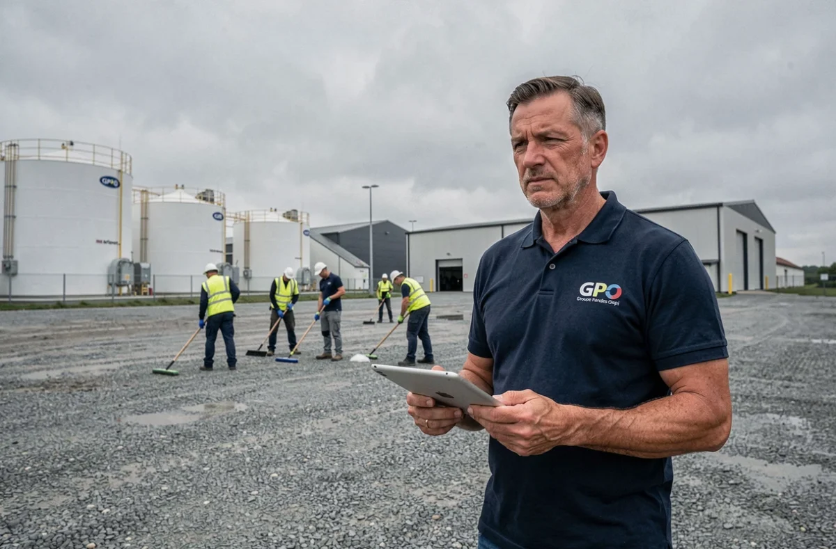 Superviseur GPO Groupe Paredes Orapi contrôlant une équipe sur un site industriel extérieur