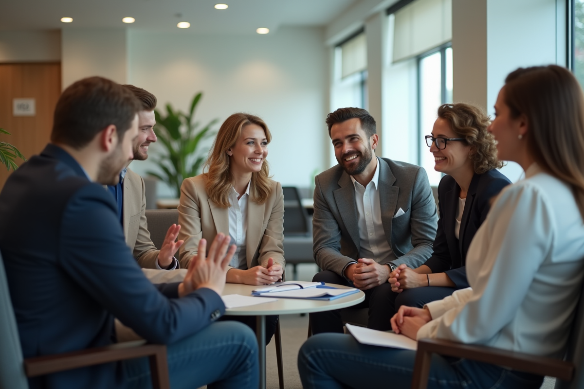 Groupe de candidats discutant dans un espace d