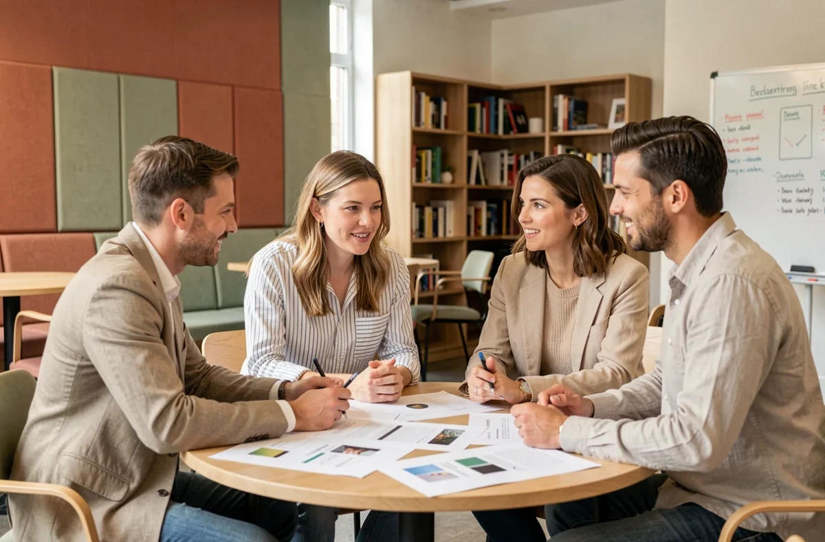 Groupe de professionnels collaborant autour d'une table dans un espace de coworking convivial et réaménagé après le déconfinement