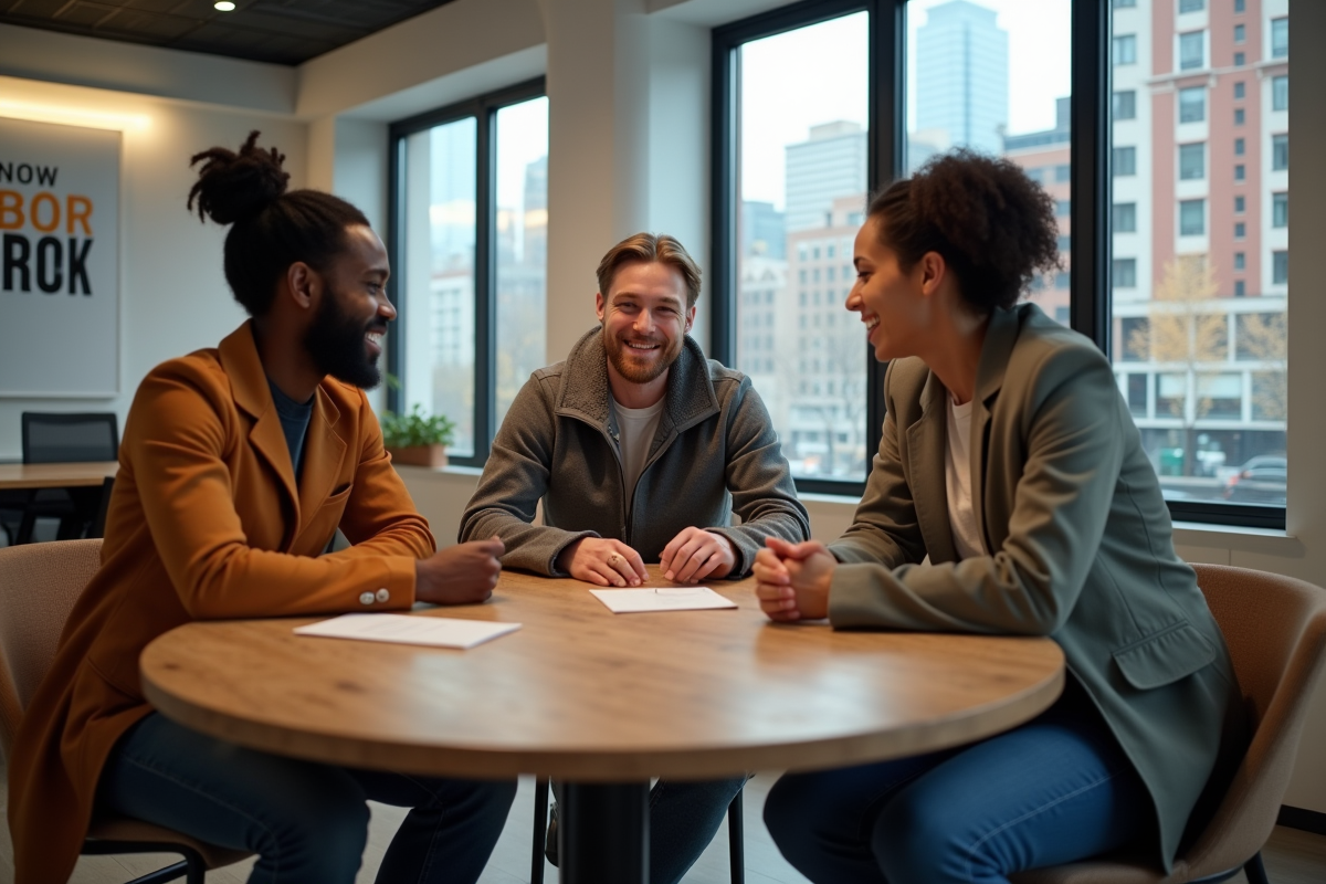 Groupe de jeunes en réunion dans un espace de coworking moderne
