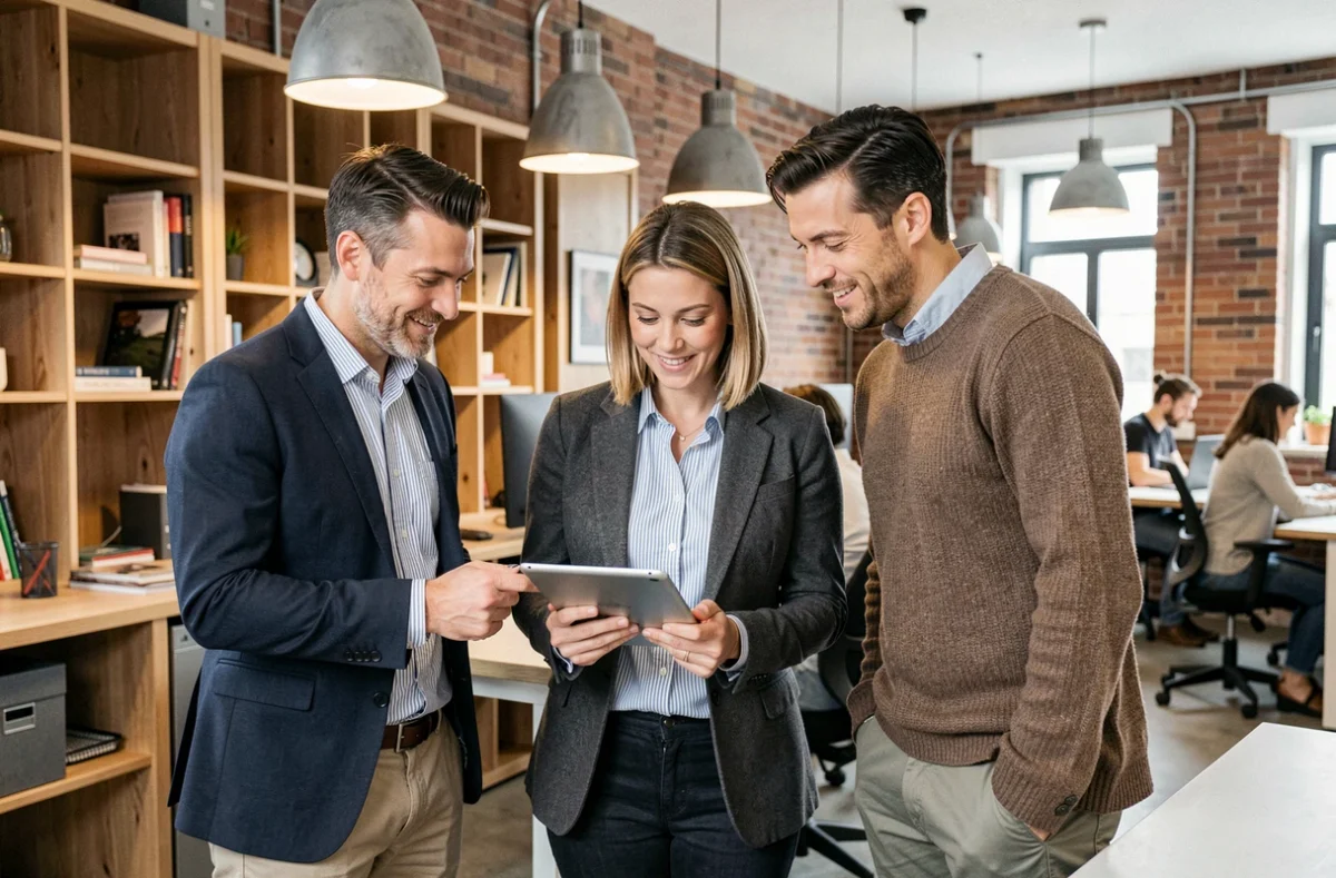 Groupe de travailleurs indépendants discutant des avantages du portage salarial autour d'une tablette dans un espace de coworking
