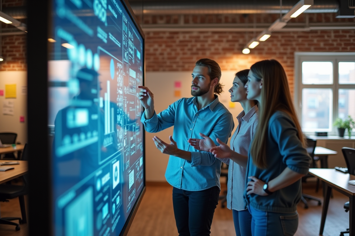 Groupe de jeunes professionnels discutant devant un écran interactif