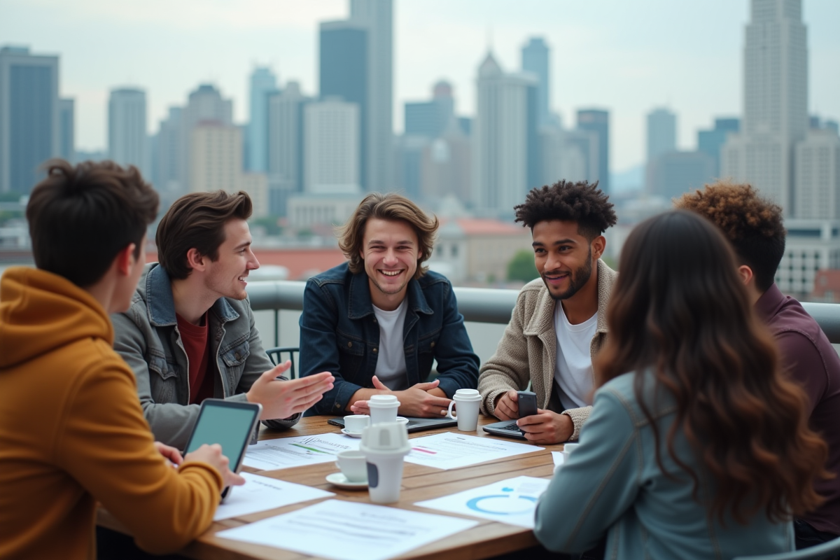 Jeunes adultes discutant sur un rooftop urbain