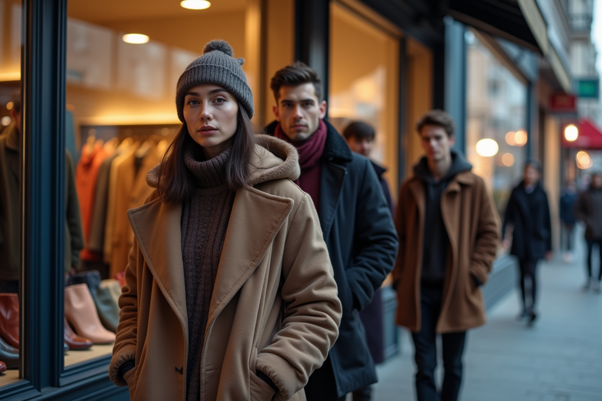 Groupe de personnes devant boutique fermee en ville