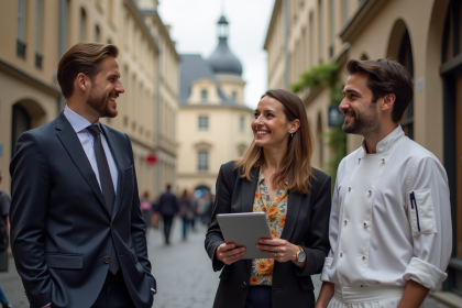 Groupe de professionnels souriants dans la rue de Bordeaux