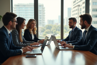 Groupe de professionnels en réunion dans un bureau moderne