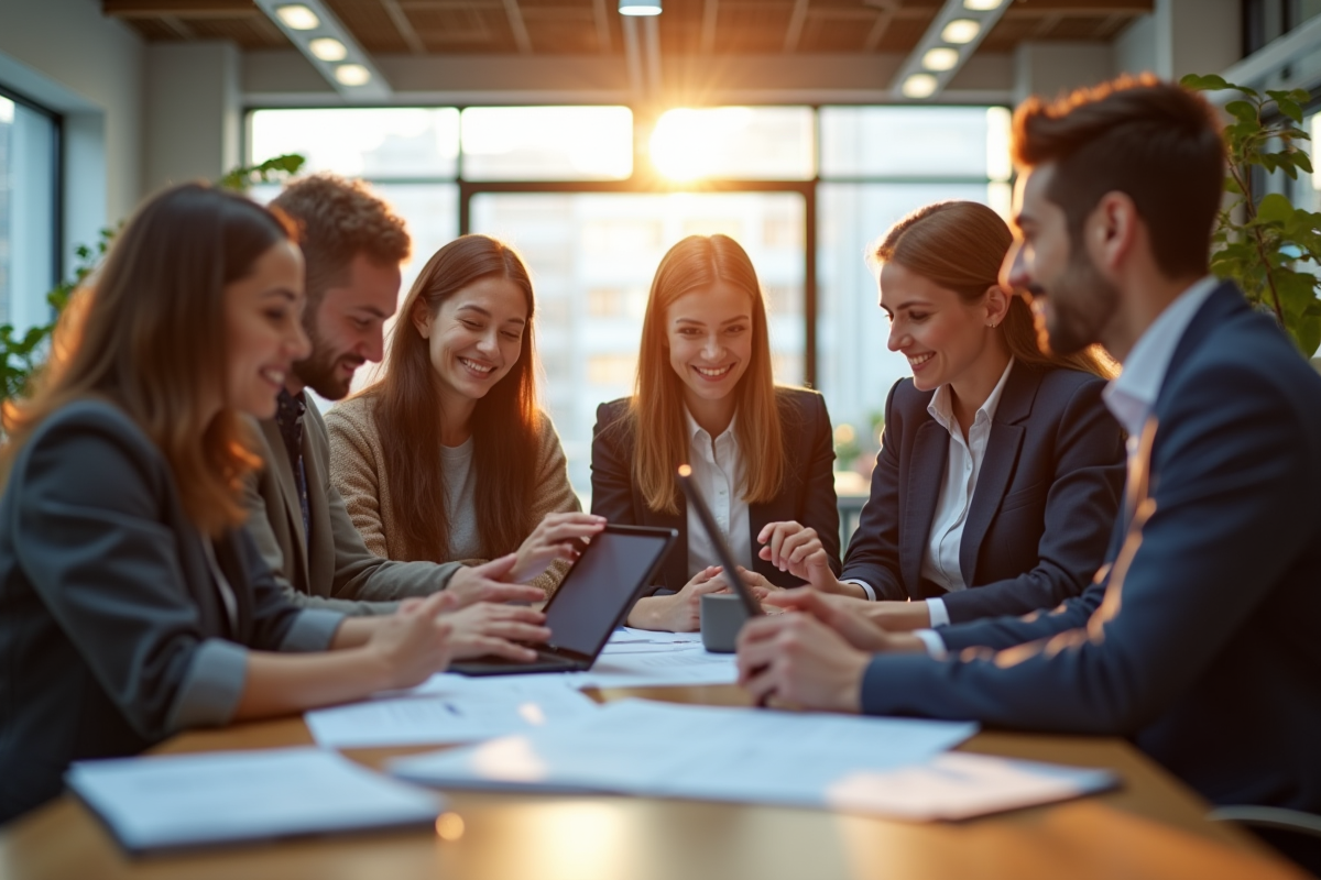 Groupe de professionnels collaborant dans un bureau lumineux