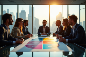 Groupe de professionnels autour d'une table avec diagramme des cinq forces