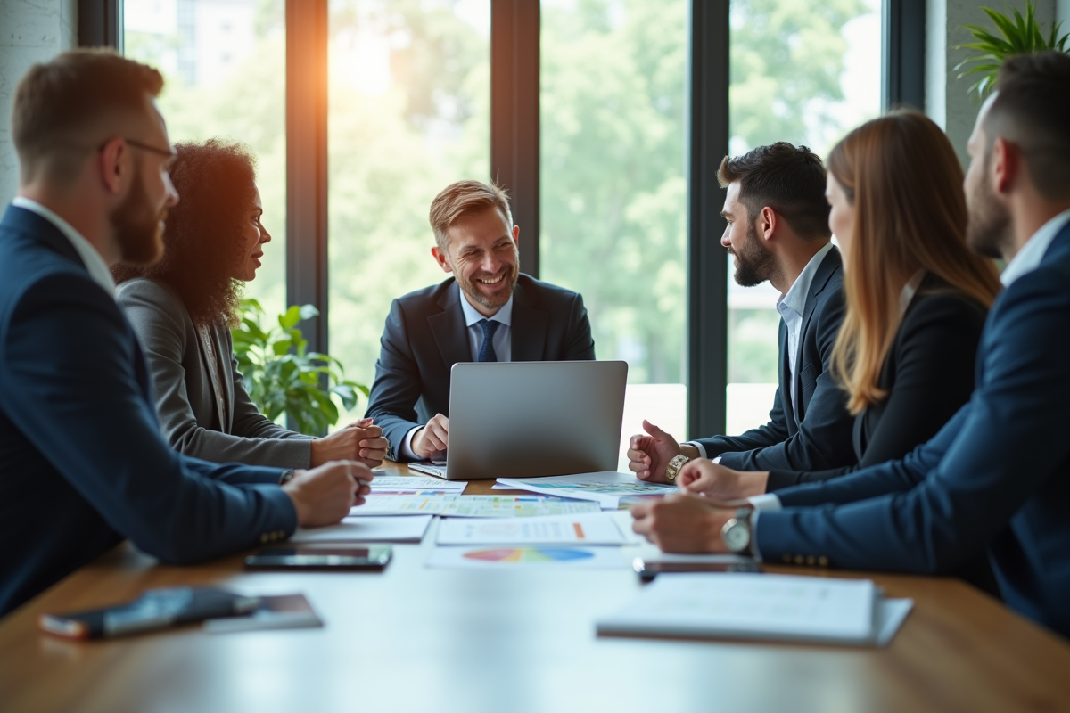 Groupe de professionnels analysant des rapports environnementaux