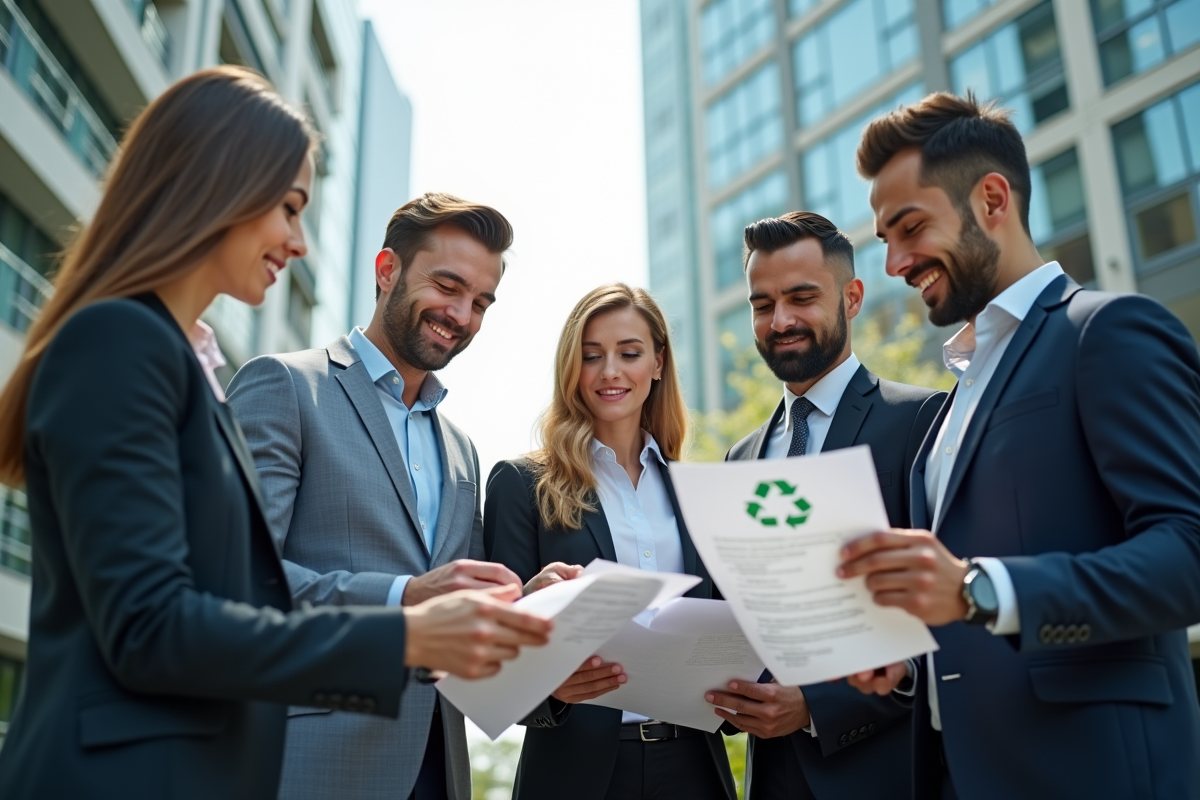 Groupe de professionnels en extérieur avec symboles de recyclage