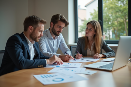 Groupe de professionnels en r&eacute;union d'&eacute;quipe moderne