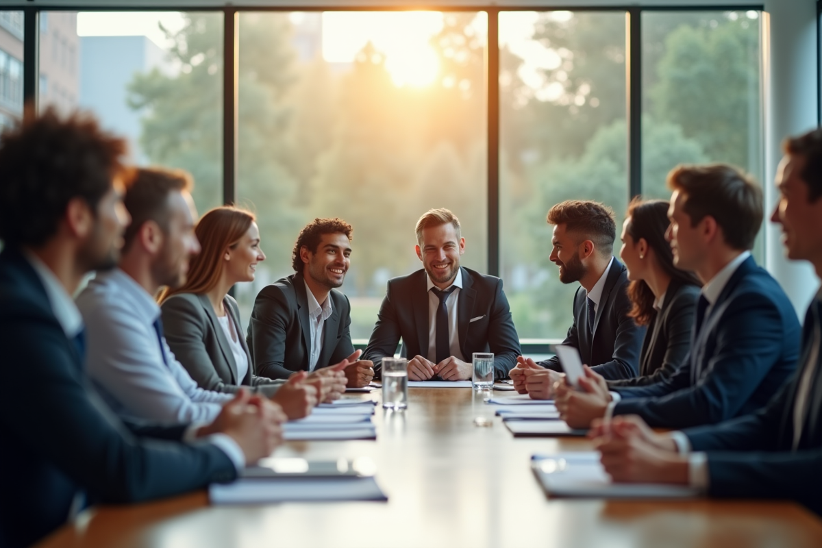 Groupe de professionnels en réunion dans une salle lumineuse
