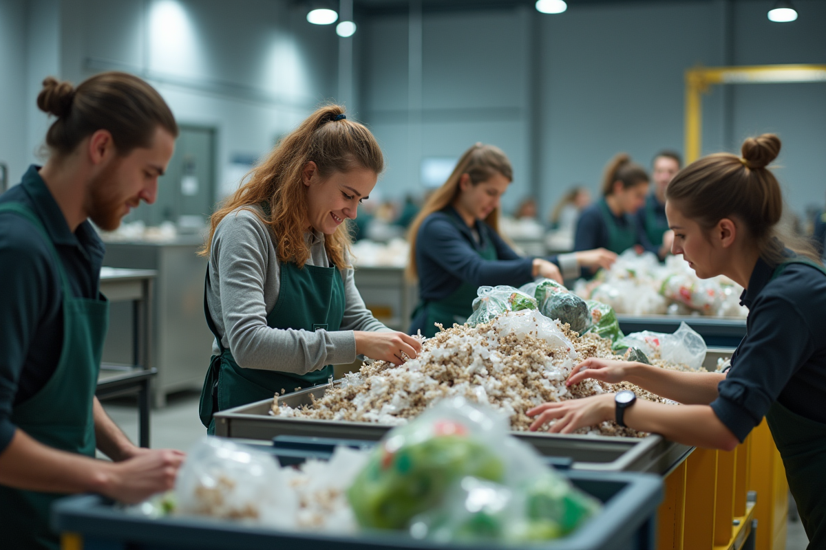 Groupe divers triant des recyclables dans une installation moderne