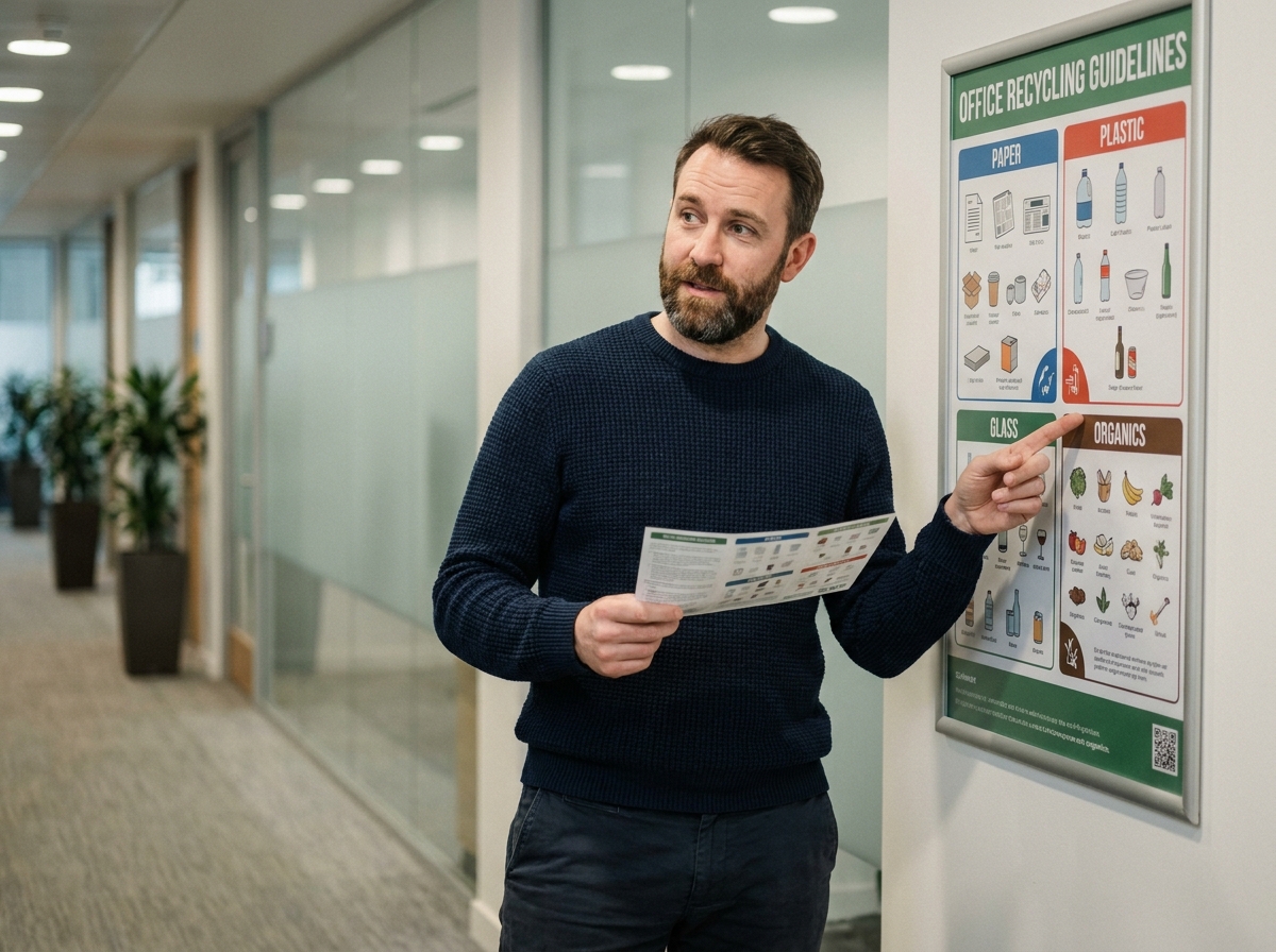 Employé consultant un guide de recyclage devant une affiche de sensibilisation au tri dans un couloir de bureau