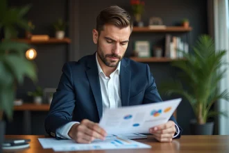 Homme d'affaires en costume bleu examine un rapport stratégique