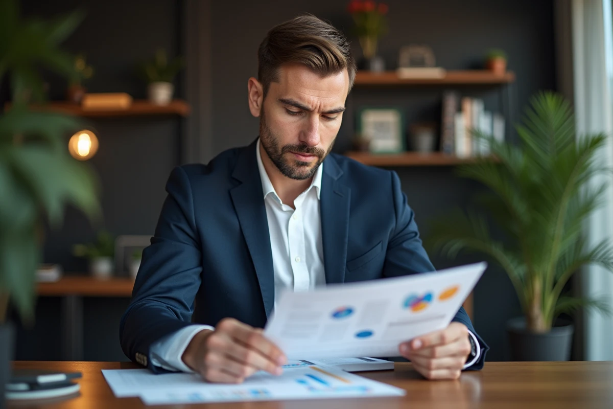 Homme d'affaires en costume bleu examine un rapport stratégique