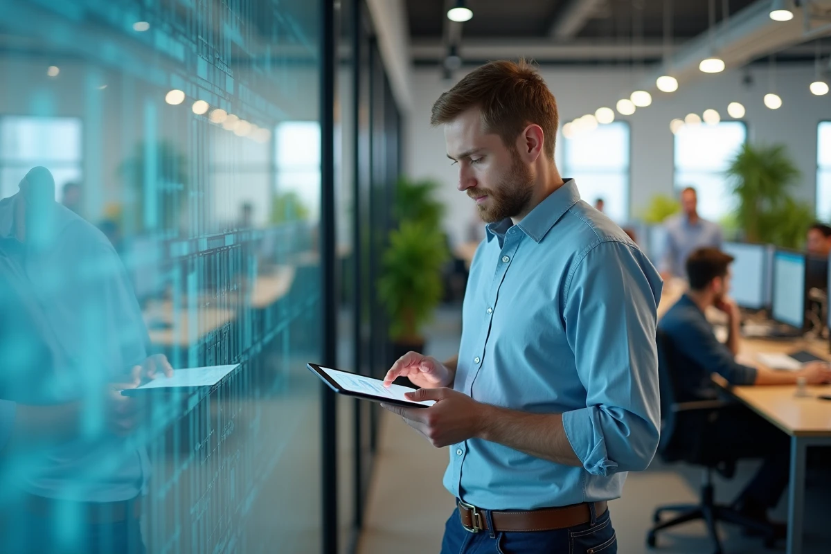 Homme d age regardant des tableaux de performance dans une agence digitale