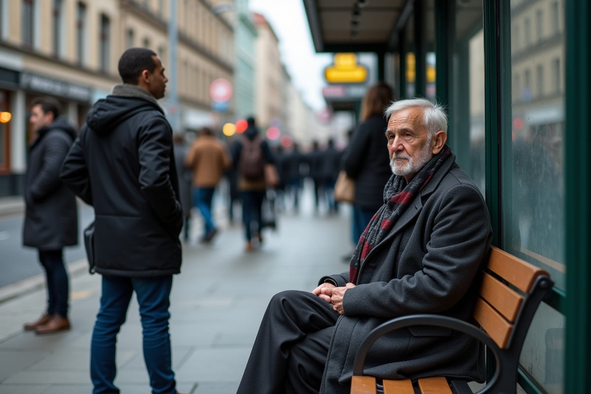 Homme âgé assis à un arrêt de bus en ville