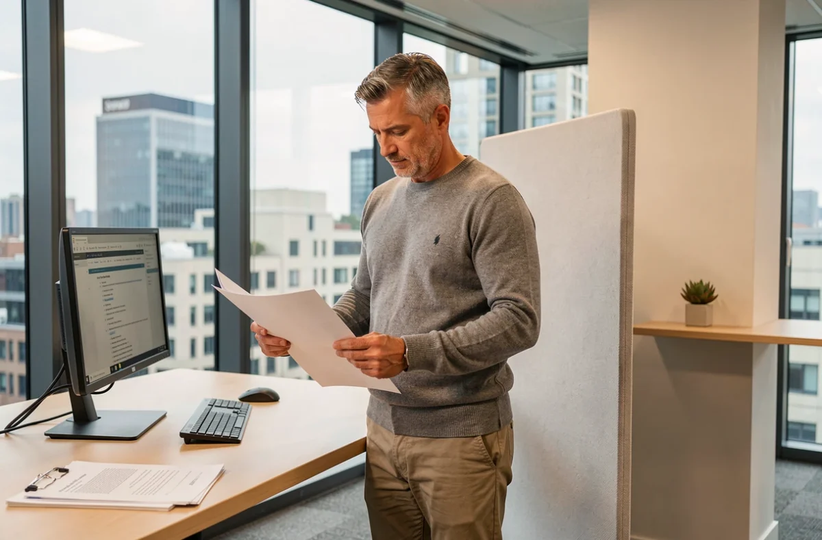 Homme debout à un bureau assis-debout dans un espace coworking avec vue sur la ville à Saint-Priest