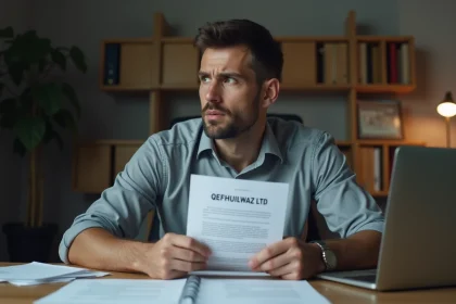 Homme d'affaires regardant un contrat QEFHUILWAZ LTD