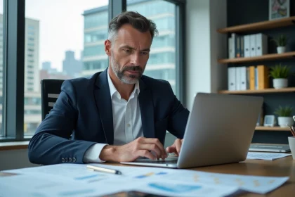 Homme concentr&eacute; examinant des appels d'offres publics au bureau