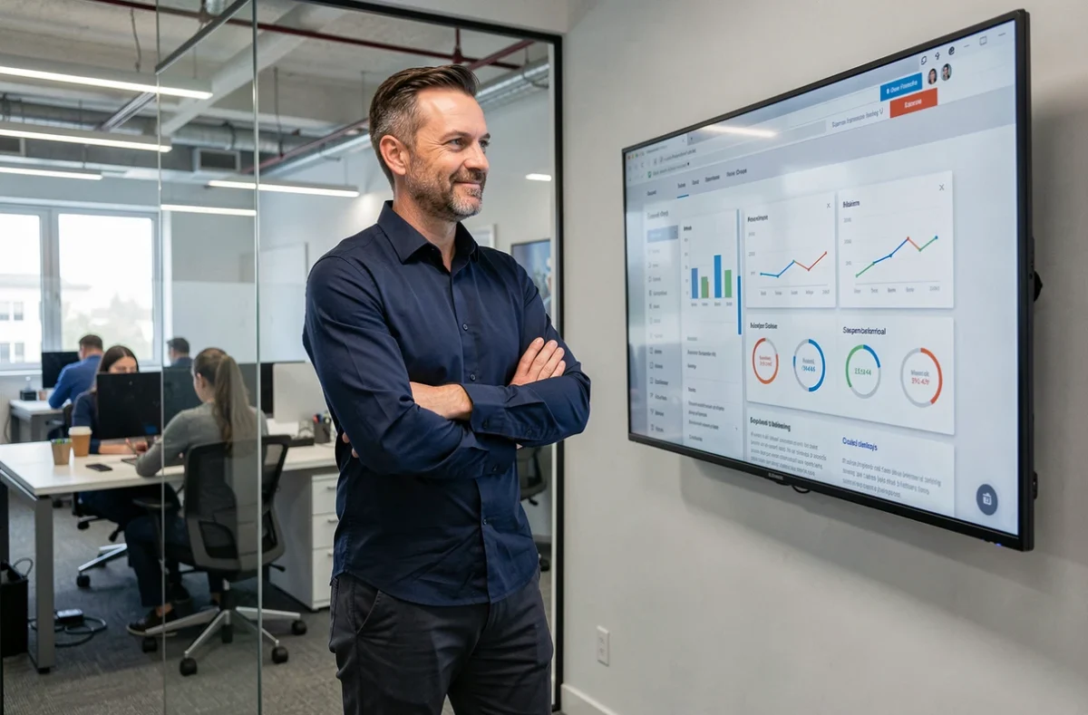 Entrepreneur masculin en espace de coworking évaluant une solution en ligne pour créer son entreprise