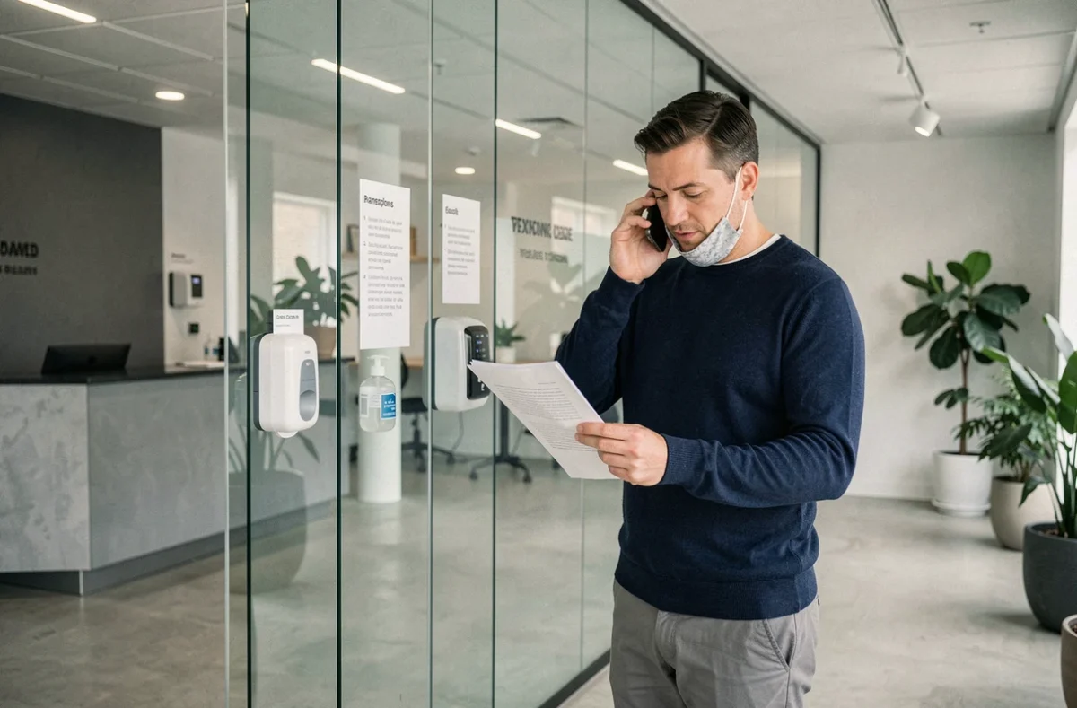Homme en télétravail dans un espace de coworking avec signalétique sanitaire visible après le déconfinement
