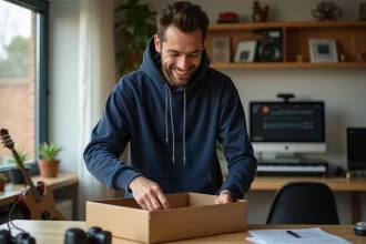 Homme souriant déballant un instrument de musique dans un salon lumineux