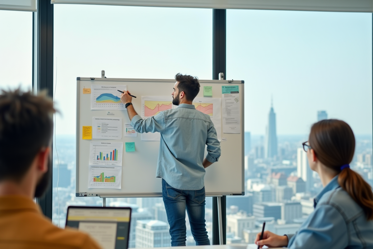 Jeune homme dessinant un graphique sur un tableau blanc