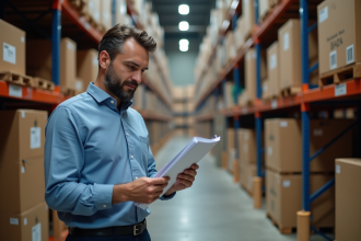 Homme d'âge moyen vérifiant des documents d'inventaire dans un entrepôt