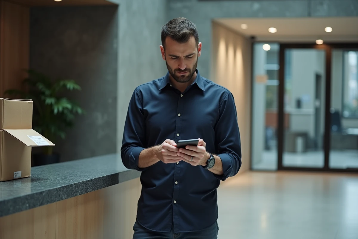 Homme en hall d'immeuble cherchant le numéro de service client UPS sur son smartphone