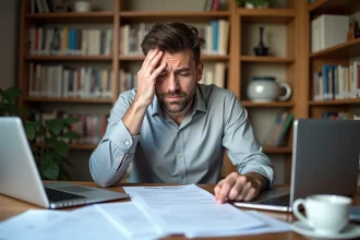 Homme inquiet consultant des documents CSP et droits au chômage après licenciement économique à son bureau à domicile