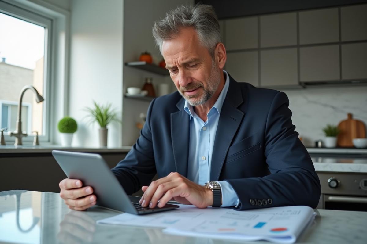 Homme d affaires analyse ses dépenses dans la cuisine
