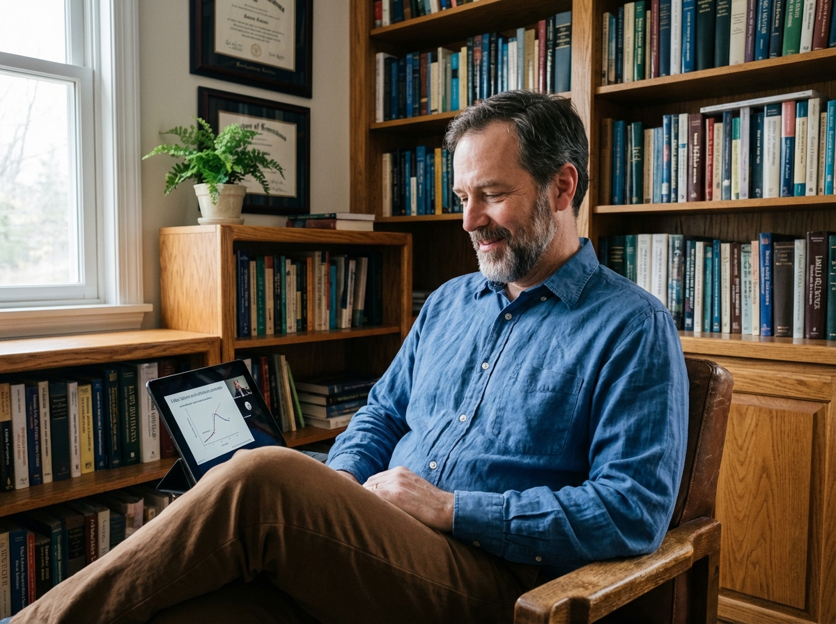 Homme regardant une vidéo éducative dans son bureau
