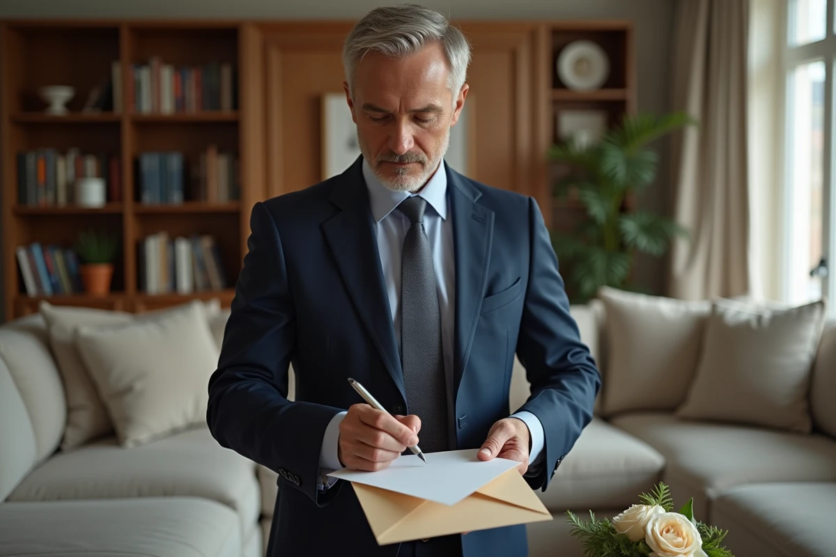 Homme en costume tenant une lettre de condoleances dans un salon
