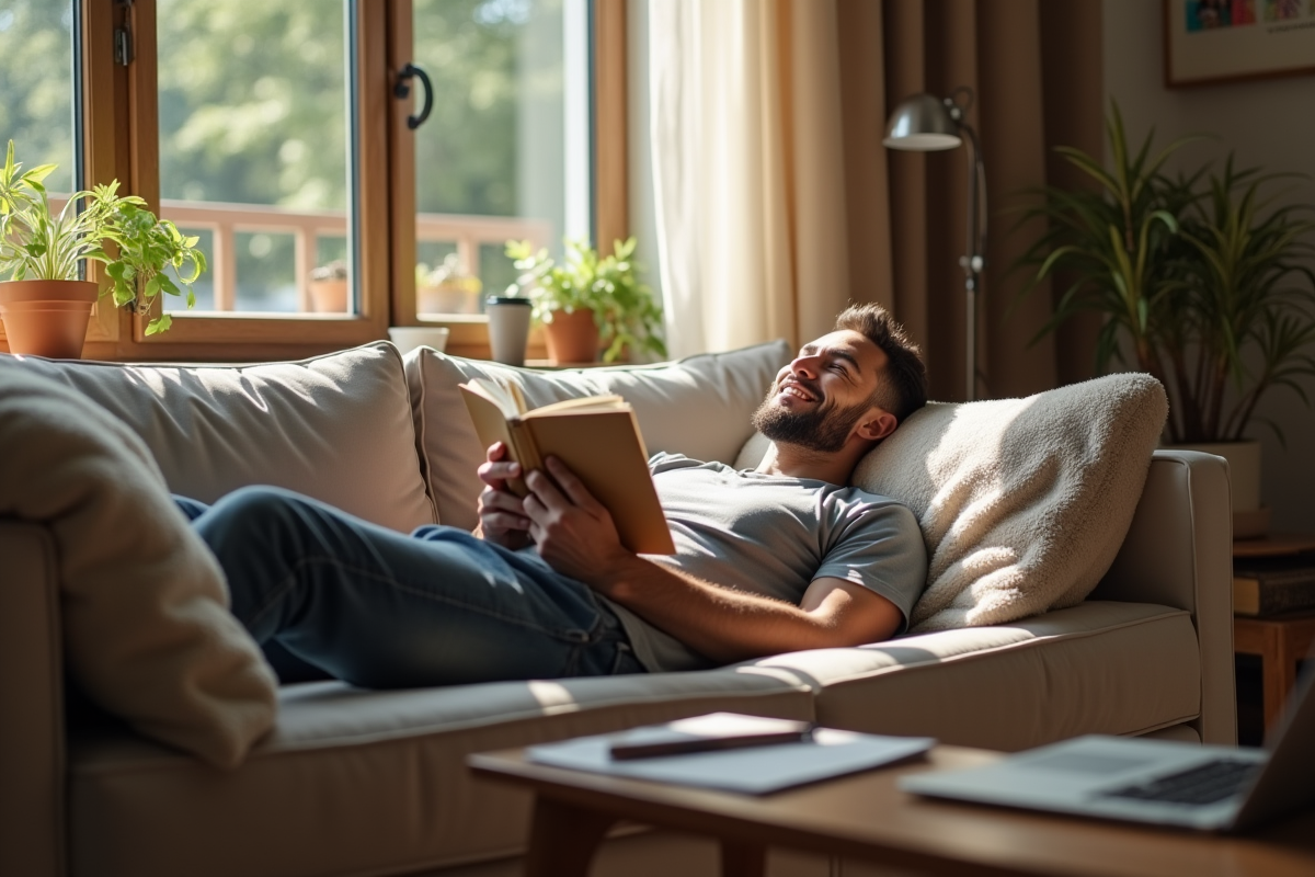 Homme lisant dans un salon calme et lumineux