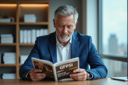 Homme d'&acirc;ge moyen lisant un magazine dans un bureau moderne